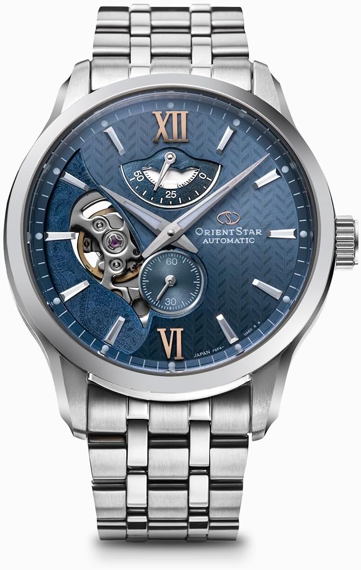 Reloj ORIENT STAR RK-AV0B08L con diseño semi-esqueleto y esfera de capas.