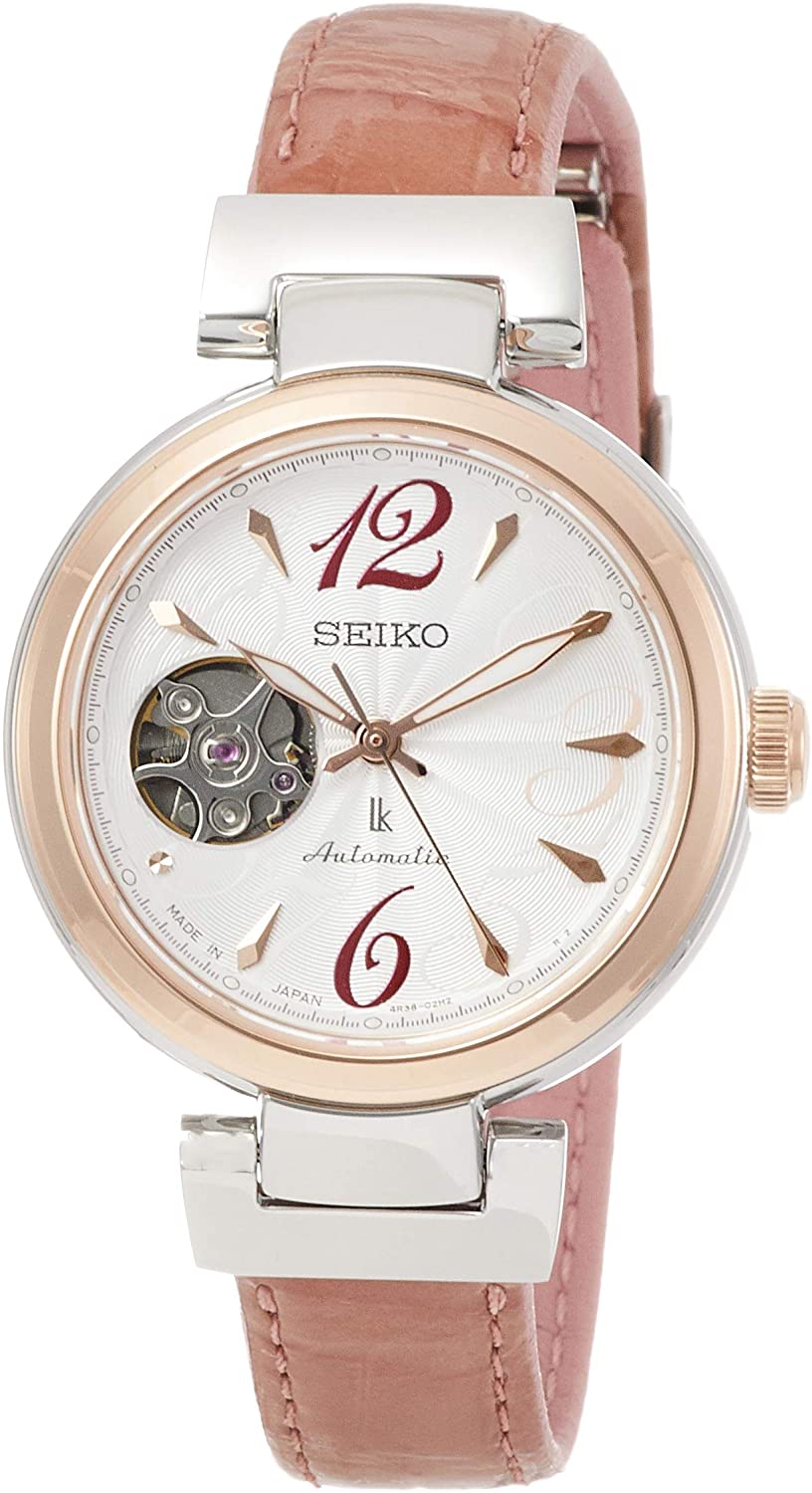 Reloj SEIKO LUKIA SSVM048 con esfera blanca y correa de piel de cocodrilo rosa.