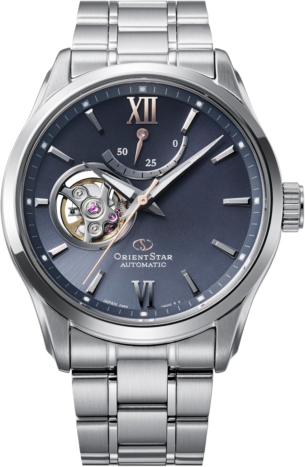 Reloj Orient Star RK-AT0021L con diseño semi-esqueleto y dial azul-gris