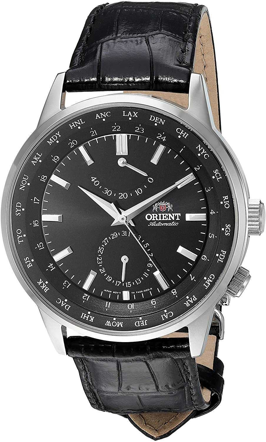 Reloj ORIENT FA06002B automático con función de hora mundial y reserva de marcha.