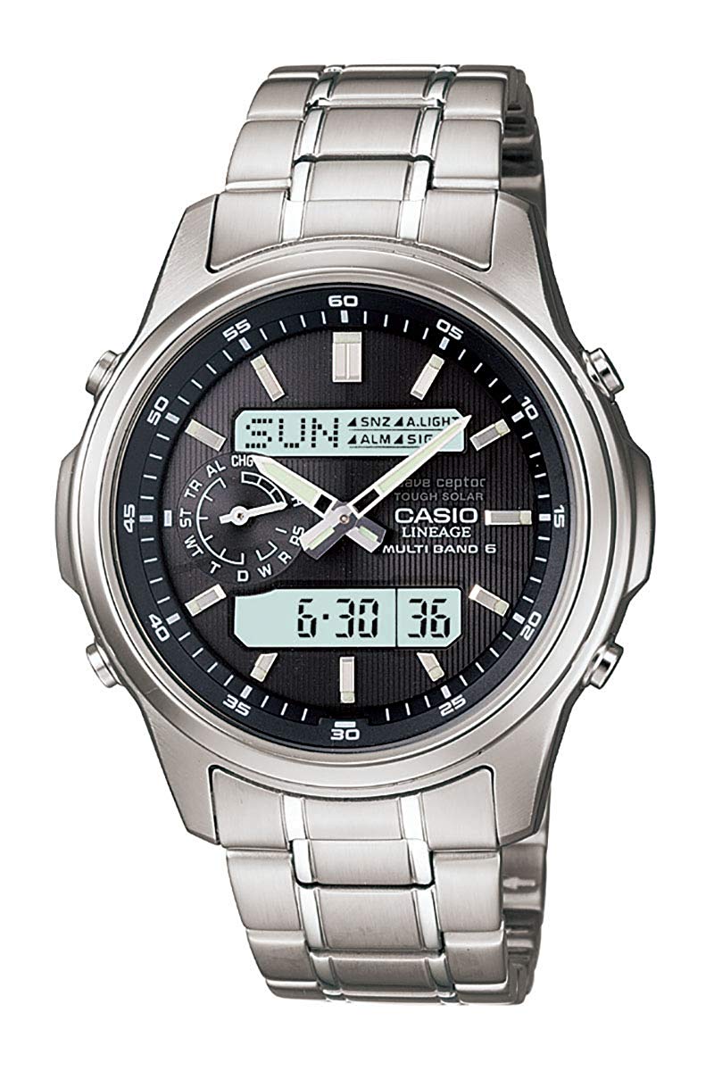 Reloj CASIO Lineage Radio Wave Solar LCW-M300D-1AJF de acero inoxidable con pantalla dual.