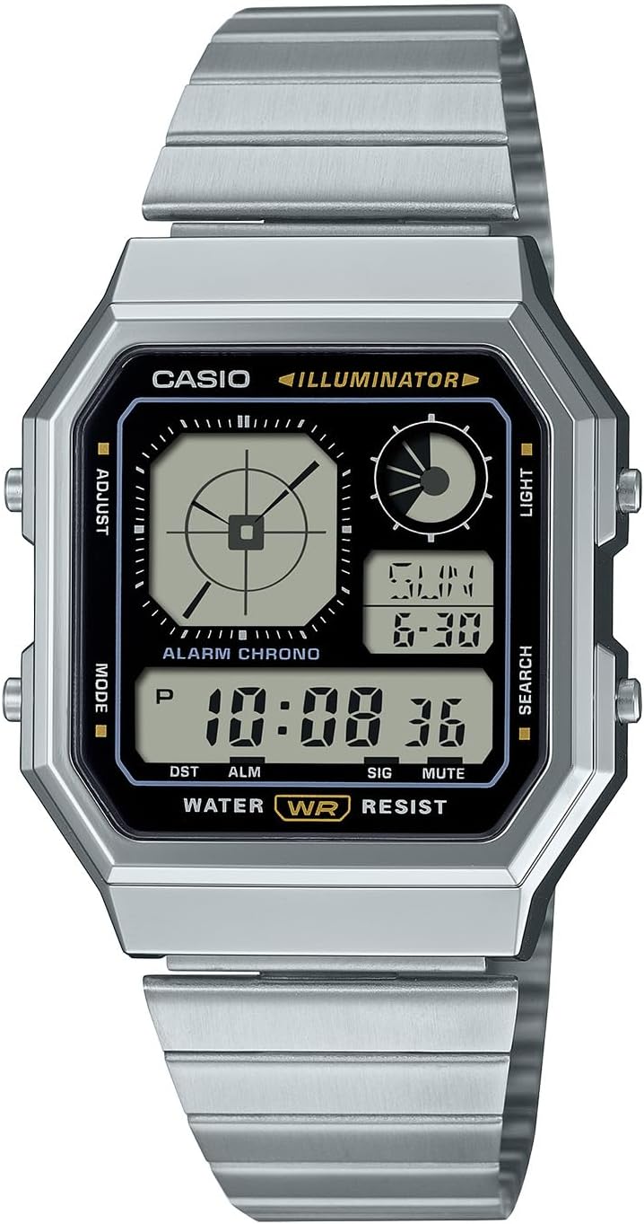 Reloj digital CASIO A130WE-1AJF con diseño retro moderno en plata y negro.