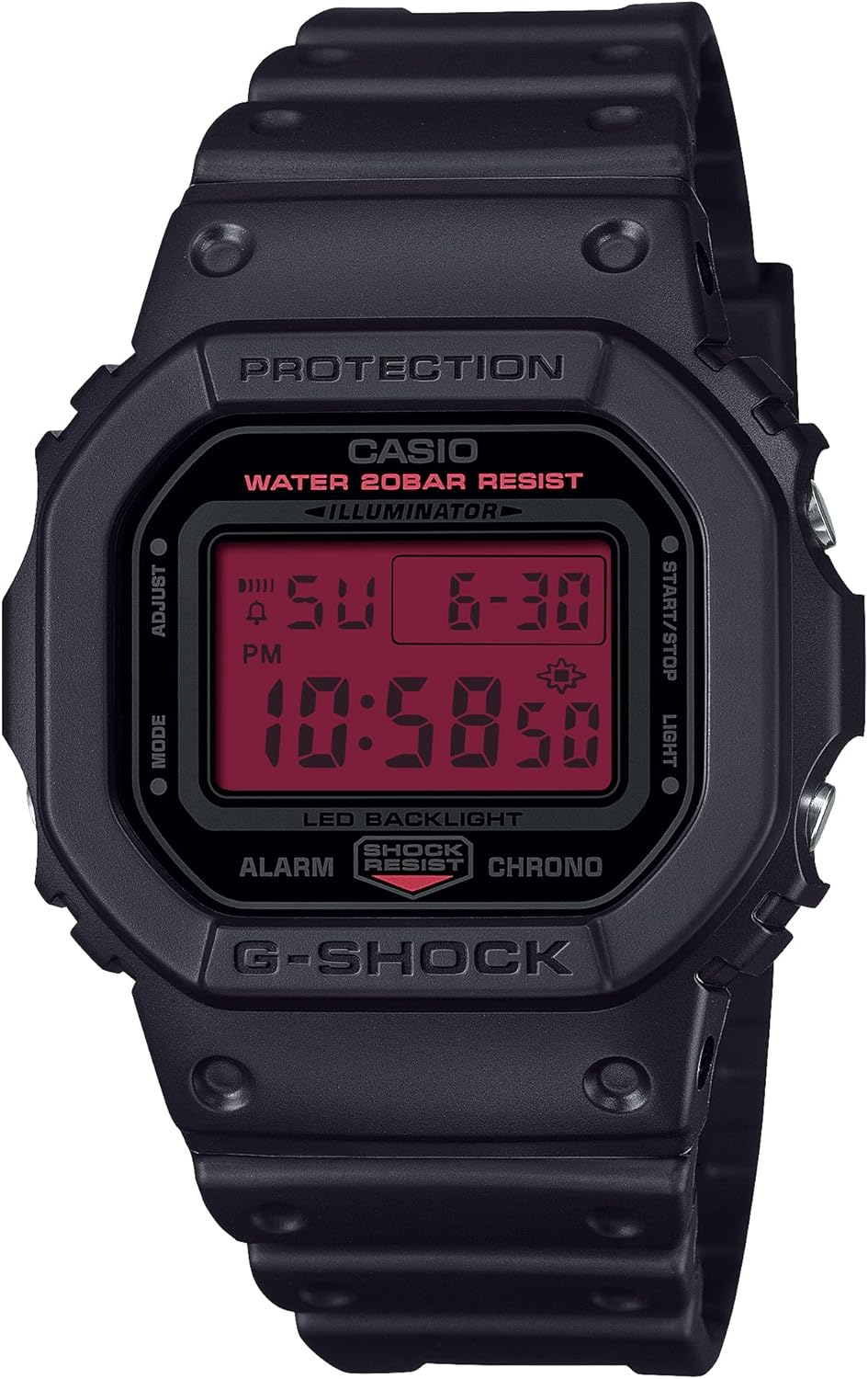 Reloj CASIO G-Shock DW-5600BBR-1JF en negro y rojo, resistente y ecológico.