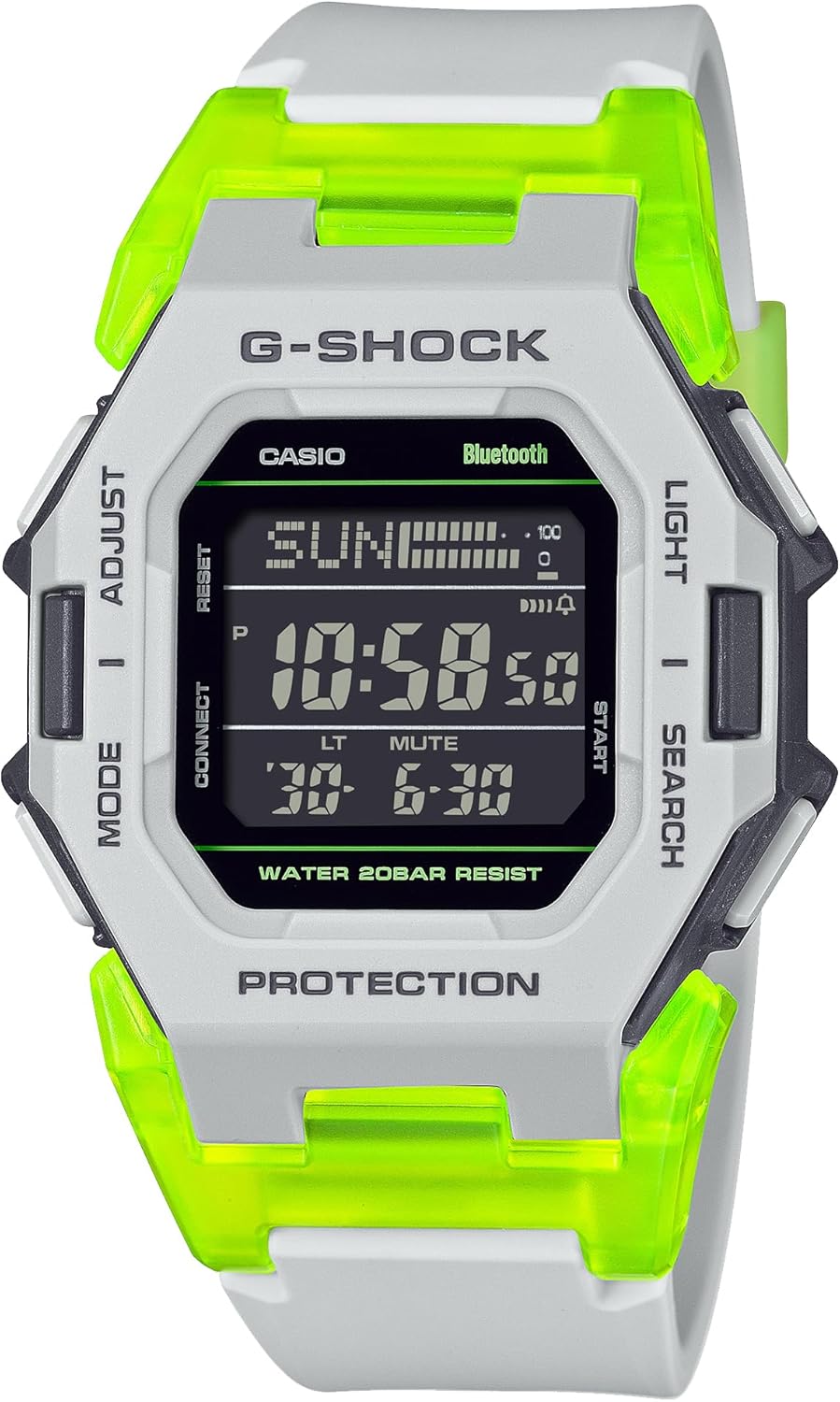 Reloj CASIO G-SHOCK GD-B500MW-8JF en color gris con detalles en verde fluorescente.