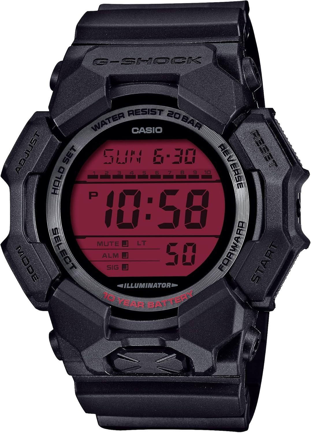 Reloj CASIO G-Shock GD-010BBR-1JF en color negro y rojo, resistente y ecológico.