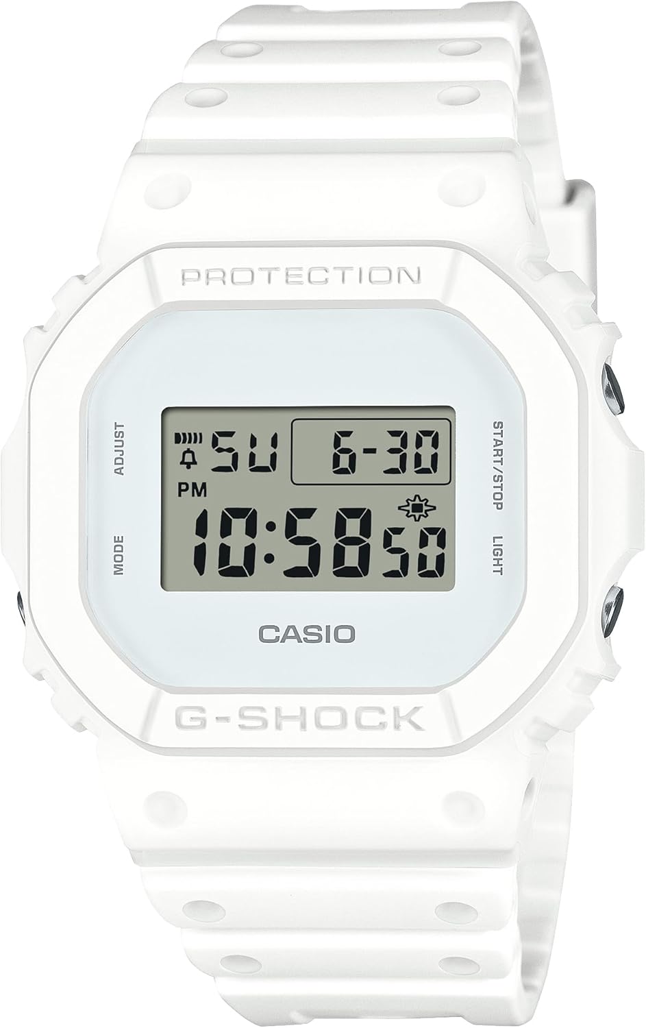 Reloj CASIO G-Shock DW-5600WW-7JF en blanco, resistente y ecológico.