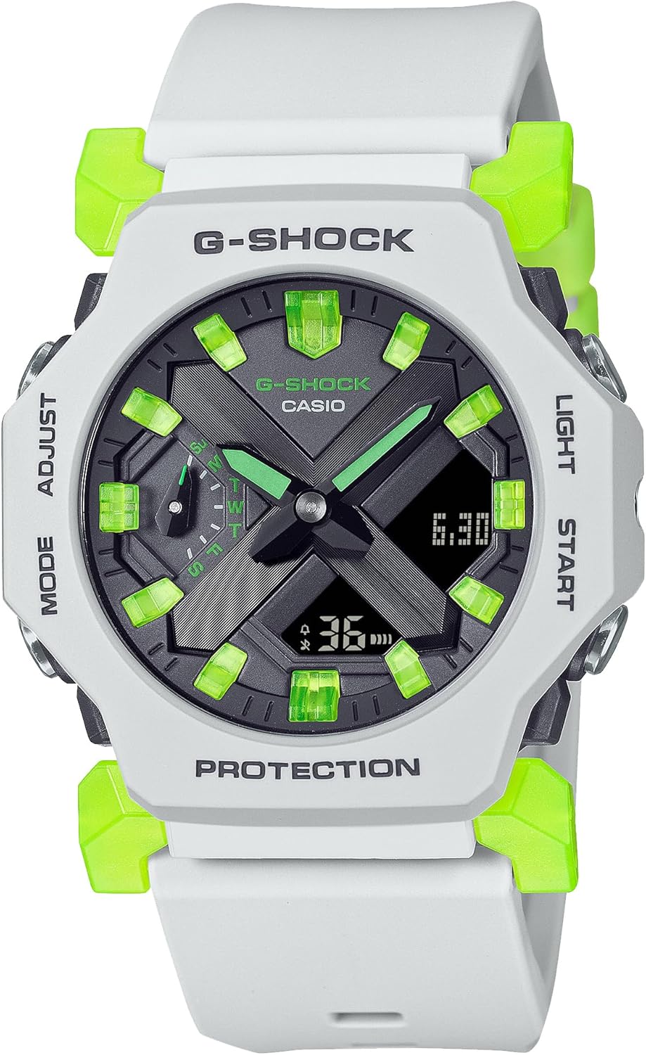 Reloj CASIO G-SHOCK GA-2300MW-8AJF en color gris con detalles en verde fluorescente.
