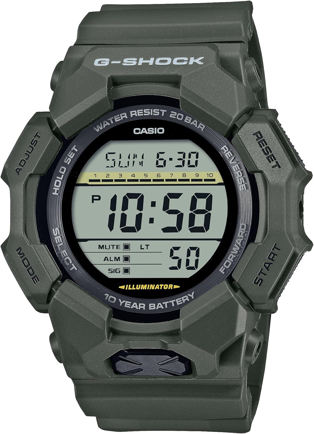 Reloj CASIO G-SHOCK GD-010-3JF en color caqui, resistente y ecológico.