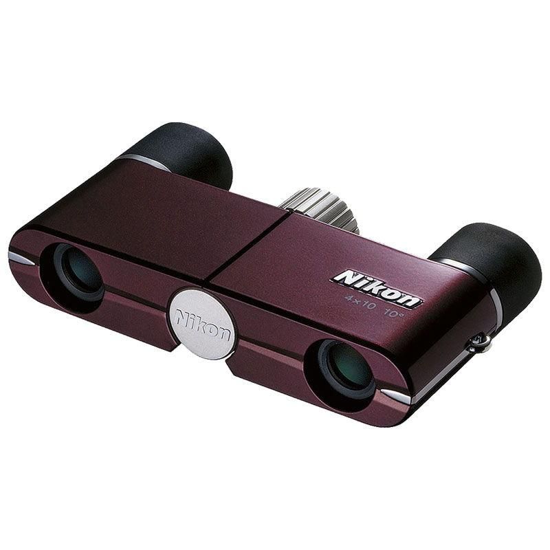 Binoculares Nikon Yu 4X10D CF en color rojo vino, compactos y ligeros.